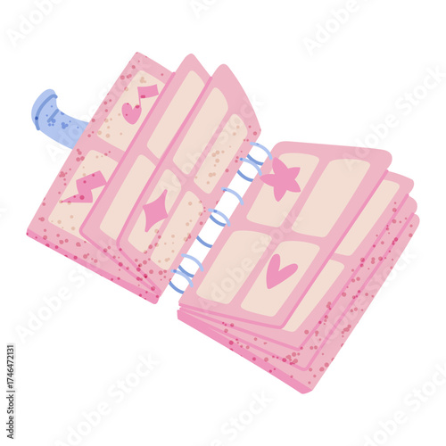 Transparent album for storing photos of idols, support for Korean celebrities by K-pop fans. Flat color illustration with texture. Collecting photos of musicians. Youth fashion. Love for South Korea