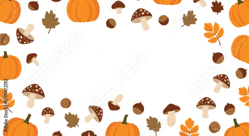 Autumn harvest of pumpkins acorns and colorful leaves.