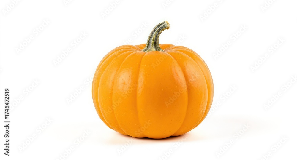 Obraz premium Vibrant orange pumpkin sits centered on a white background, curved shape, stem