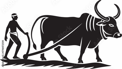 Traditional farming illustration of a farmer plowing the land with an ox, showcasing agricultural heritage