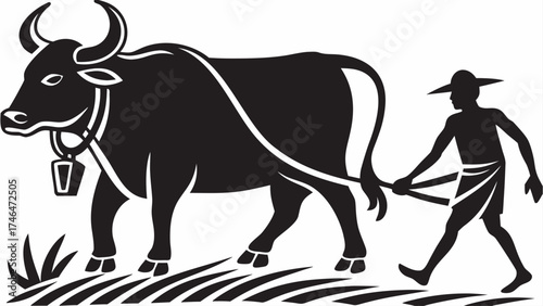 Striking graphic of a farmer plowing field with ox, evoking themes of agriculture and tradition