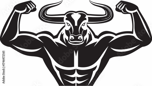 Powerful bull mascot flexing muscles, strong and fierce animal illustration for branding or sports team logo design