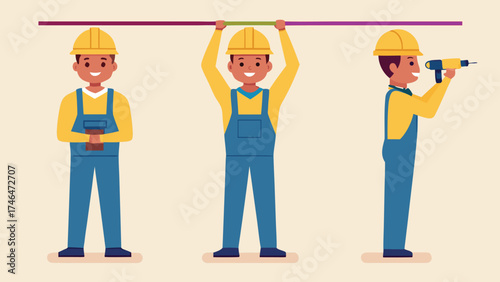 Construction workers holding tools in building industry illustration
