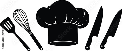 Culinary kitchen tools silhouettes, chef hat illustration, cooking utensils design, professional kitchen art, food preparation icons, modern culinary graphic set