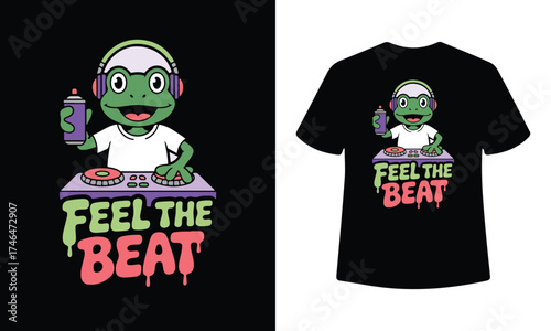 Cool cartoon frog dj wearing headphones and holding a spray can on a turntable