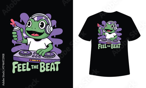 Cool cartoon frog dj wearing headphones and spray painting music art