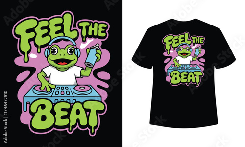 Groovy frog dj in headphones rocks the party with neon pink and green feel the beat design