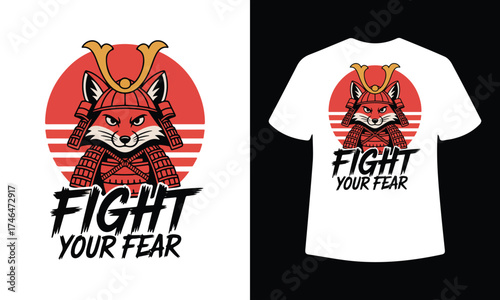 Fierce fox warrior samurai armor illustration with fight your fear text