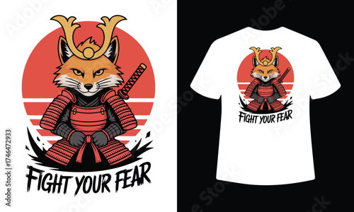 Cute fox samurai warrior wearing traditional armor with japanese sun symbol