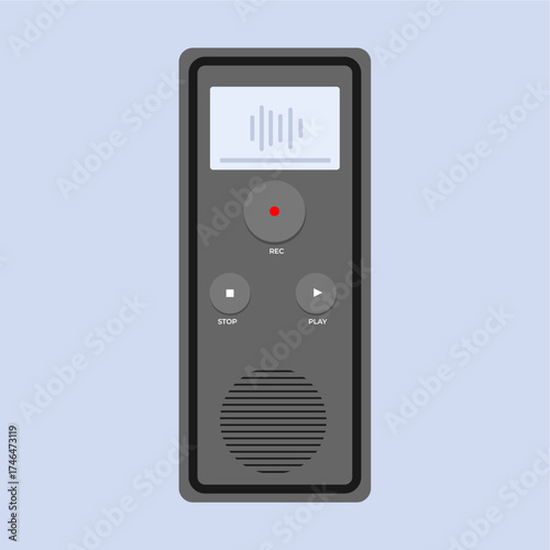 Digital voice recorder for journalists, used to capture field report audio, flat art design style.
