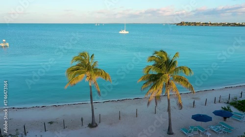 Paradise beach with palm trees and a catamaran at suset.