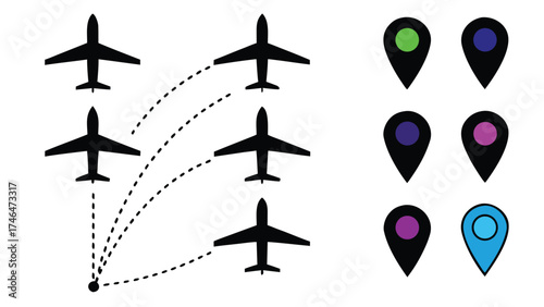 Airplanes with travel routes and location pins vector illustration
