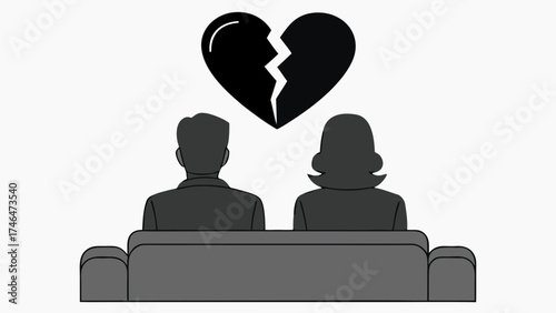 Sad couple sitting apart with broken heart symbol illustration
