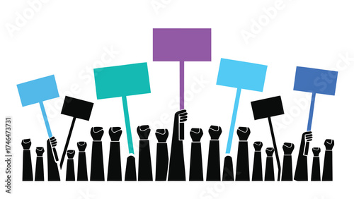Protest crowd holding colorful signs in activism concept illustration
