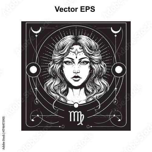 Vector art of virgo zodiac symbol with celestial woman and geometric patterns