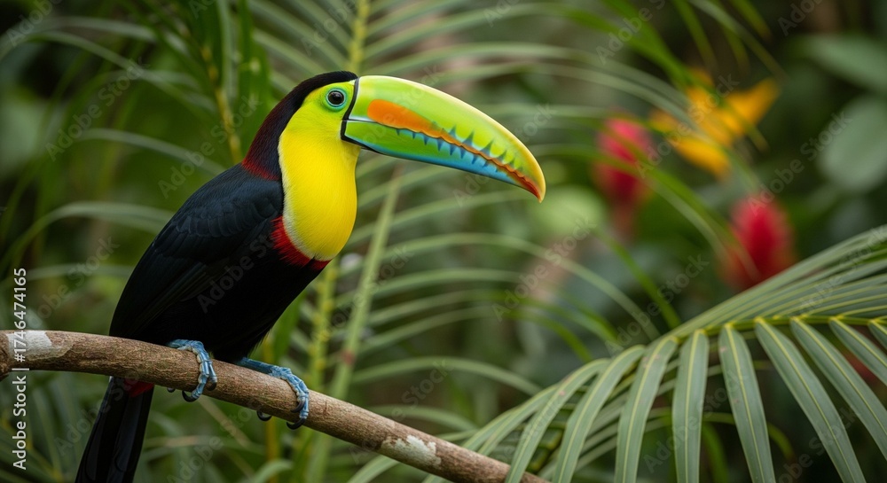 Fototapeta premium Brightly Colored Toucan, a Tropical Bird with a Huge Bill, on a Branch