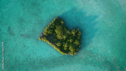 Top-down aerial view of a heart-shaped tropical islad.