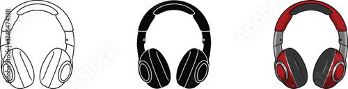 Three distinct styles of headphones shown side by side on a plain surface audio devices for listening music and gaming communication technology vector