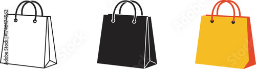 Three different shopping bags presented side-by-side sketchy white solid black and bright yellow with red handles perfect for retail and e-commerce themes. vector