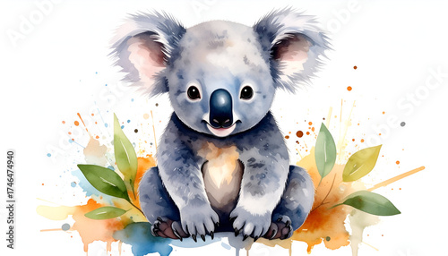 Koala cub painting with watercolor brushes, isolated in white background. An adorable animal illustration perfect for children's designs and nature themes