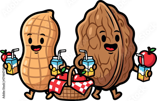 Cute cartoon peanut and walnut characters having a picnic