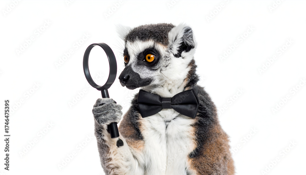 Obraz premium A Lemur Detective with Bowtie, Holding Magnifying Glass
