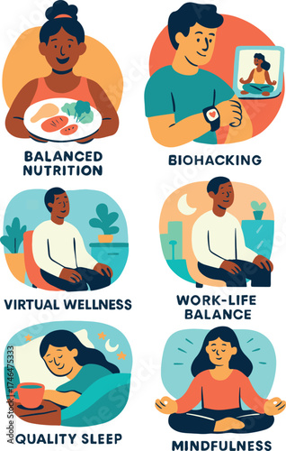 Set of flat vector illustrations showing healthy lifestyle concepts including balanced nutrition, biohacking, mindfulness, work life balance, quality sleep, and virtual wellness