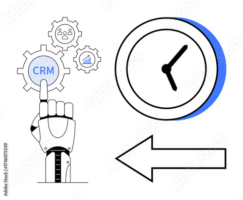 Robotic arm pointing at CRM gear with icons of people and analytics, large analog clock, arrow symbolizing organization, technology, and automation. Ideal for AI, CRM, productivity, time efficiency