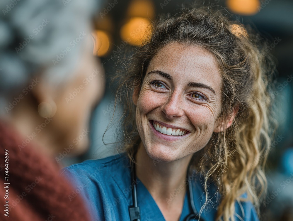 Obraz premium Healthcare worker engages warmly with elderly patient, showcasing compassion and care during a visit at a wellness center