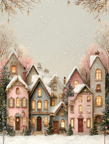 Beautiful winter scene of charming pastel houses adorned with lights during a gentle snow fall in a serene neighborhood