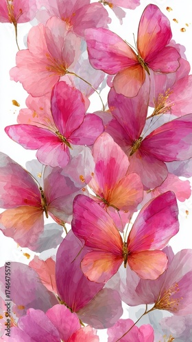 Colorful butterflies fluttering among soft pink flowers in a beautiful floral pattern