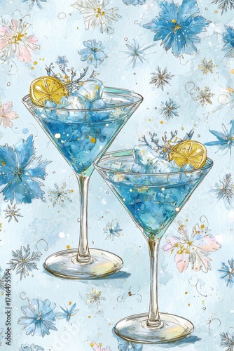 Refreshing blue drinks with lemon and ice in elegant glasses on a floral patterned background
