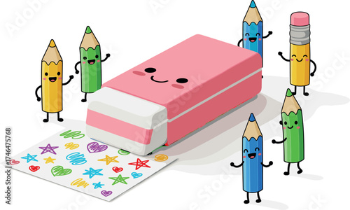 Cute cartoon pencils surround a happy pink eraser on a colorful paper