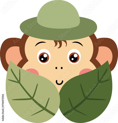 Shy Safari Monkey Hiding Behind Green Leaves