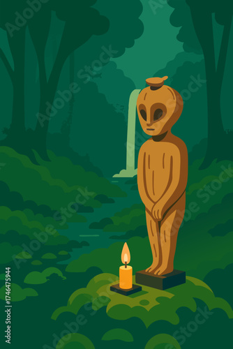 Vintage Style Illustration of Primitive Wooden Statue in Dark Forest