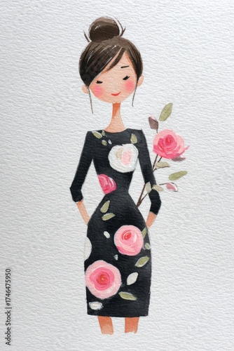 Young woman in floral dress holds pink roses while standing with a gentle smile, showcasing a delightful sense of style and elegance
