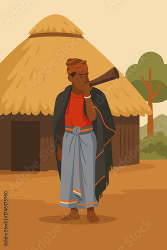 Traditional Timor Leste Man Blowing Horn Instrument Illustration in Flat Design