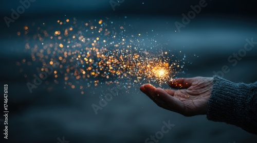 Hand gently releasing glowing sparks into the night air, creating a magical and enchanting atmosphere filled with light and wonder