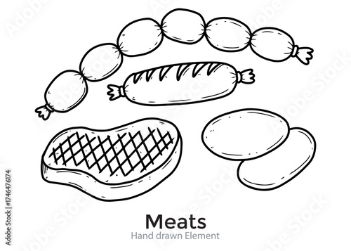 Black and white illustration of various cooked meats, including sausage and steak.