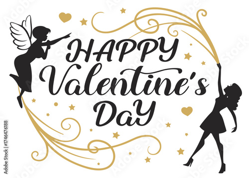 “Happy Valentine’s Day” elegant brush lettering with gold sparkle accents, minimal romantic card design template.
