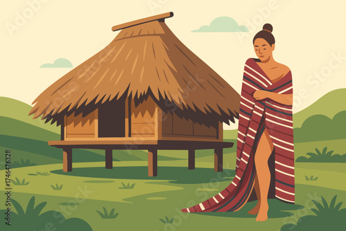 Traditional Timorese Woman Wrapped in Tais Cloth Standing Near a Traditional Stilt House in Rural Landscape