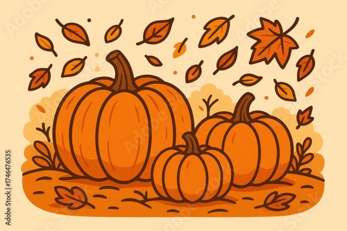 Cute illustration of pumpkins with falling leaves, autumn harvest, and seasonal vibes.