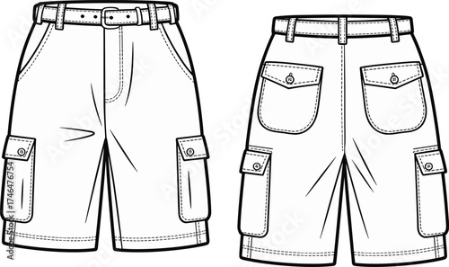 Cargo shorts front and back technical sketch, CAD flat illustration, fashion design template, apparel blueprint, vector drawing, garment specification
