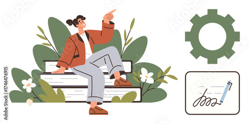 Woman sitting on stacked books amid plants, gesturing upward. Nearby gear symbolizes process, settings. Document with pen implies learning, creativity, workflow. Ideal for education, growth