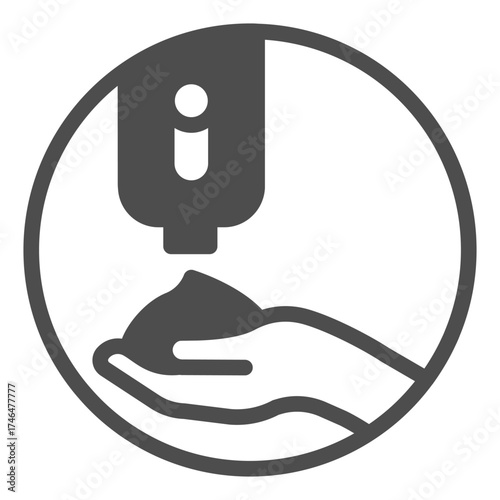 Liquid soap in hand solid icon, hand washing concept. Vector graphics. Push button soap container sign on white background, glyph style icon for mobile or web design.