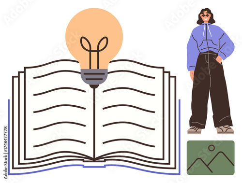 Open book with a glowing light bulb symbolizing ideas and knowledge, casual person standing confidently, and image thumbnail. Ideal for education, creativity, innovation, learning, design, lifestyle