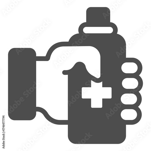 Bottle of antiseptic in hand solid icon, medicine concept. Vector graphics. Antiseptic bottle with medical cross sign on white background, glyph style icon for mobile or web design.