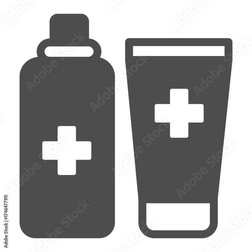 Antiseptic can and ointment tube solid icon, hygiene concept. Vector graphics. Agents with medical cross sign on white background, glyph style icon for mobile or web design.