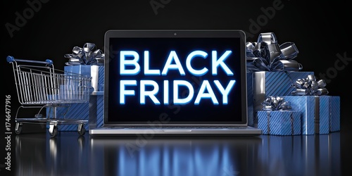 Black Friday text on a laptop screen with gift boxes and a shopping cart for online shopping, cyber monday sale.
