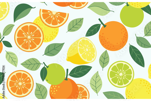 Fresh Citrus Fruits Seamless Pattern with Leaves